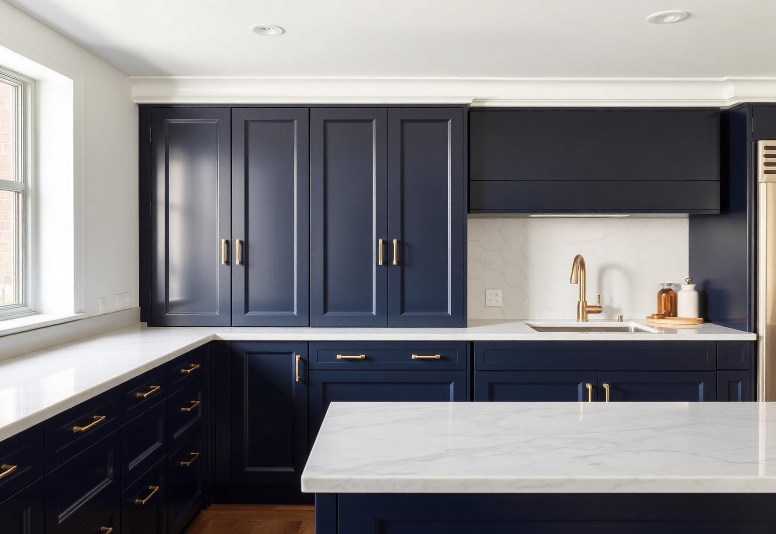 kitchen cabinet painting Overland Park KS with sprayed navy finish